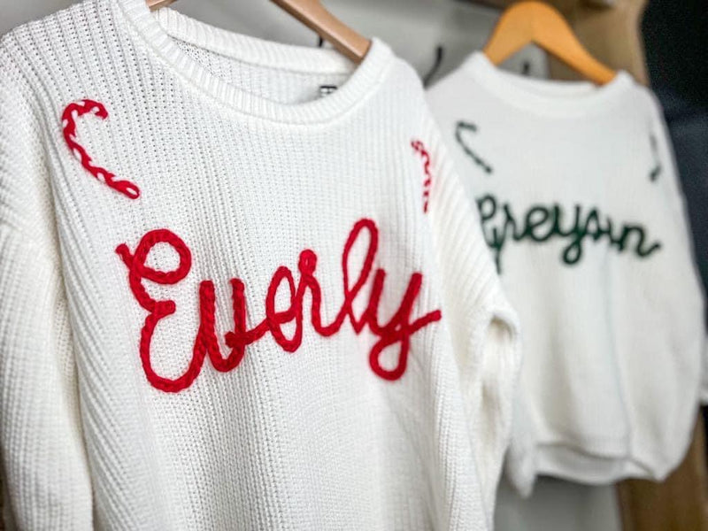 Candy Cane Custom Embroidered Knit Sweater - Pre Order