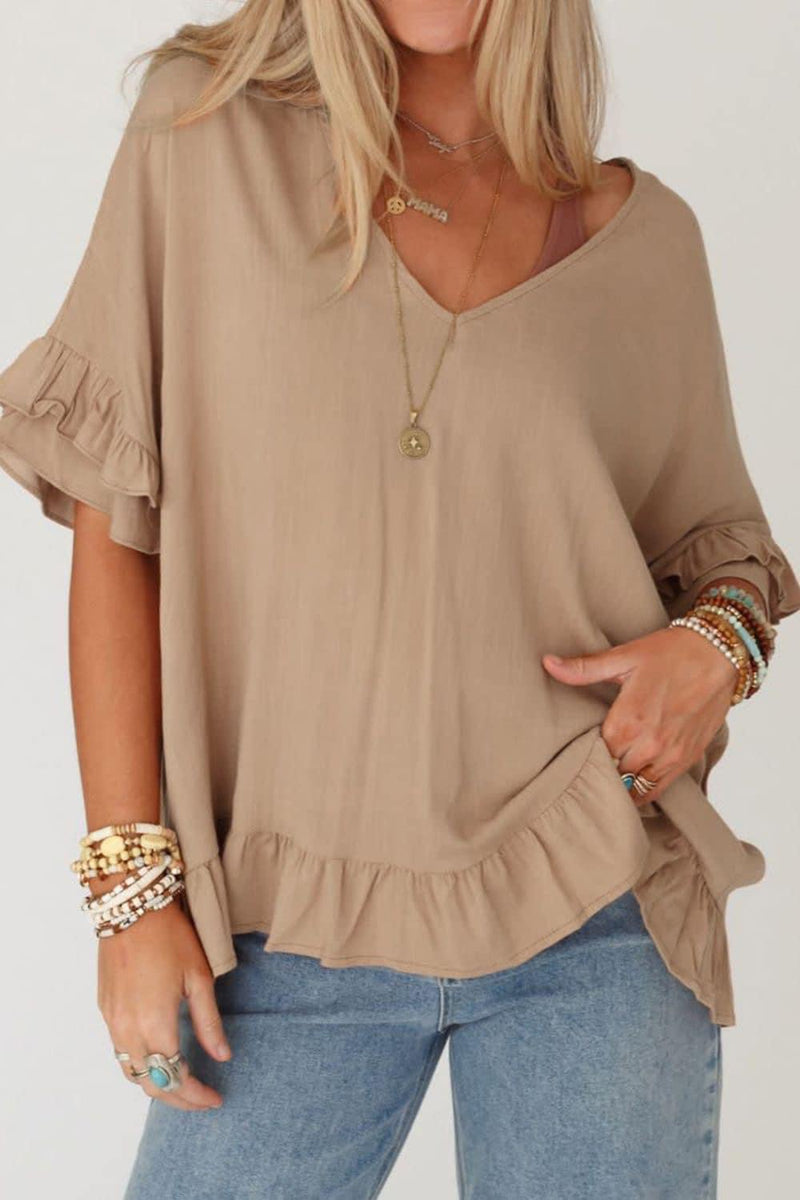 The Ruffled Wide V Top in Camel - Pre Order