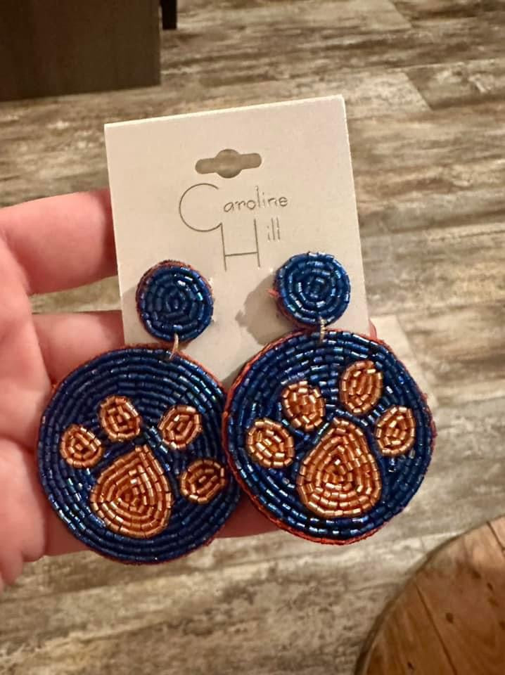 Blue & Orange Paw Beaded Earrings