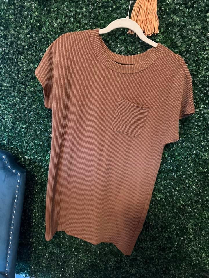 Brown Ribbed Dress with Chest Pocket