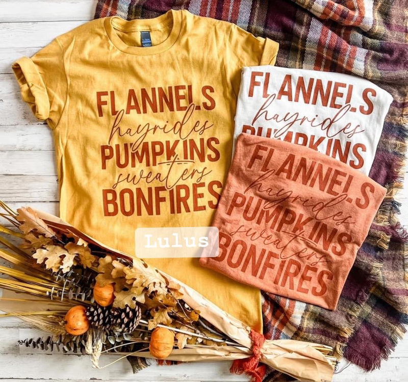 Flannels, Hayrides, Pumpkins, Sweaters & Bonfires tee - Pre Order
