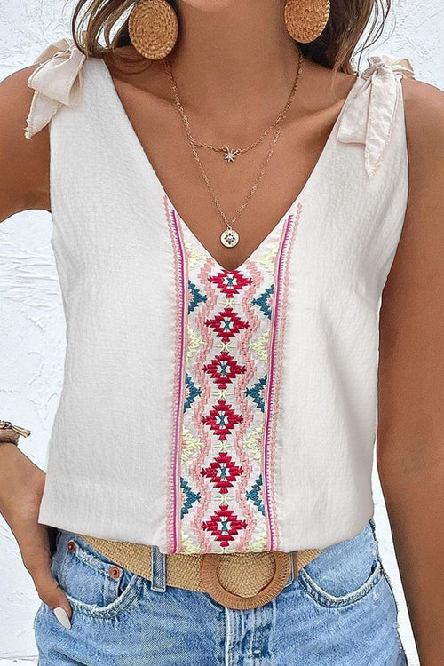 Printed V-Neck Tie Shoulder Tank