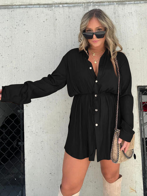 Button Up Long Sleeve Slit Shirt and Shorts Set