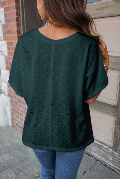 Eyelet V-Neck Dropped Shoulder T-Shirt