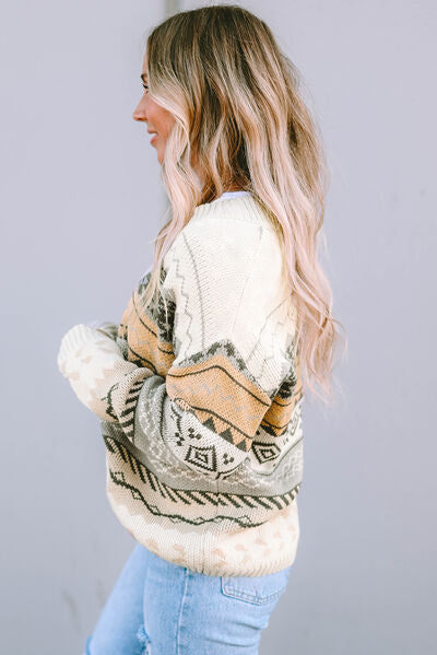 Geometric V-Neck Dropped Shoulder Sweater