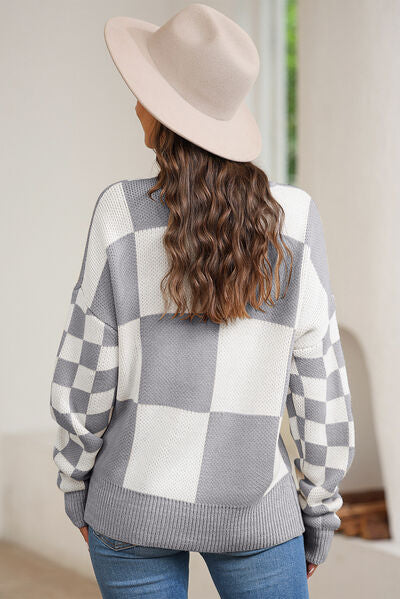 Plaid Round Neck Dropped Shoulder Sweater