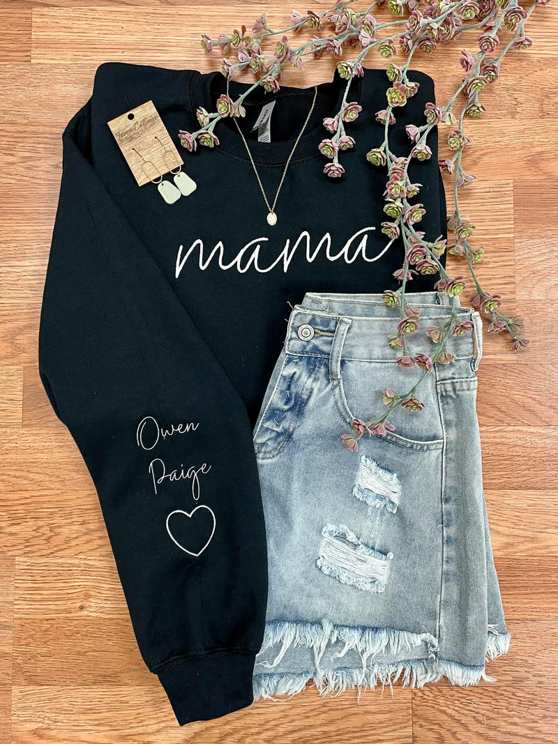 PREORDER: Embroidered Mama Sweatshirt in Six Colors (Two Custom Sleeves)
