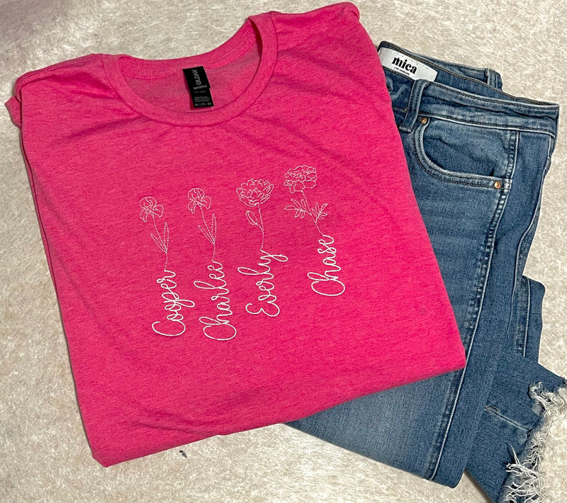 PREORDER: Embroidered Custom Birth Month Flower Name T-Shirt in Six Colors