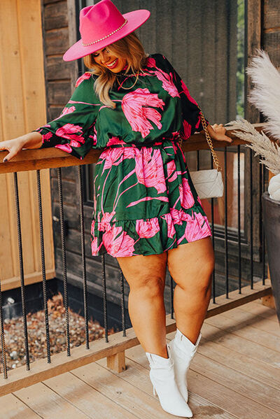 Plus Size Printed Lantern Sleeve Ruffle Hem Dress