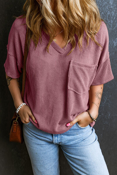 Textured V-Neck Dropped Shoulder T-Shirt